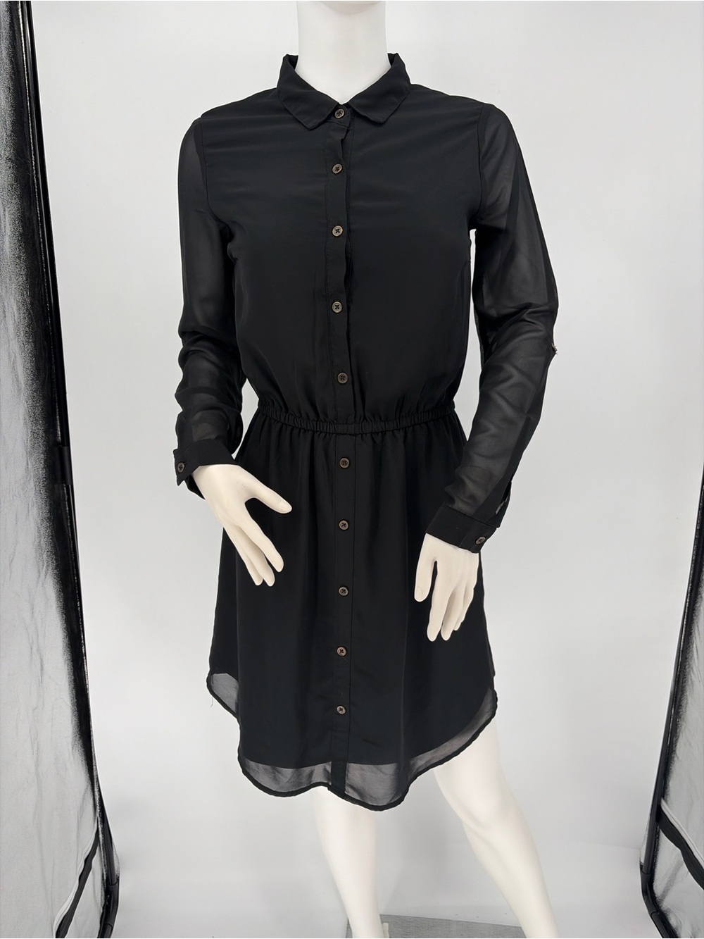 Charlotte Russe Black Long-Sleeve Button Front Shirt Dress